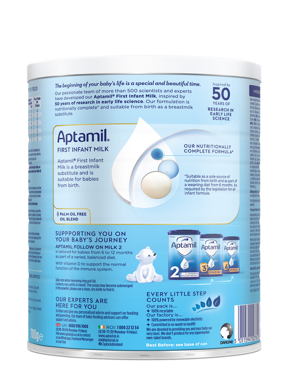 Aptamil First Infant Milk Formula - 700g tin - back view