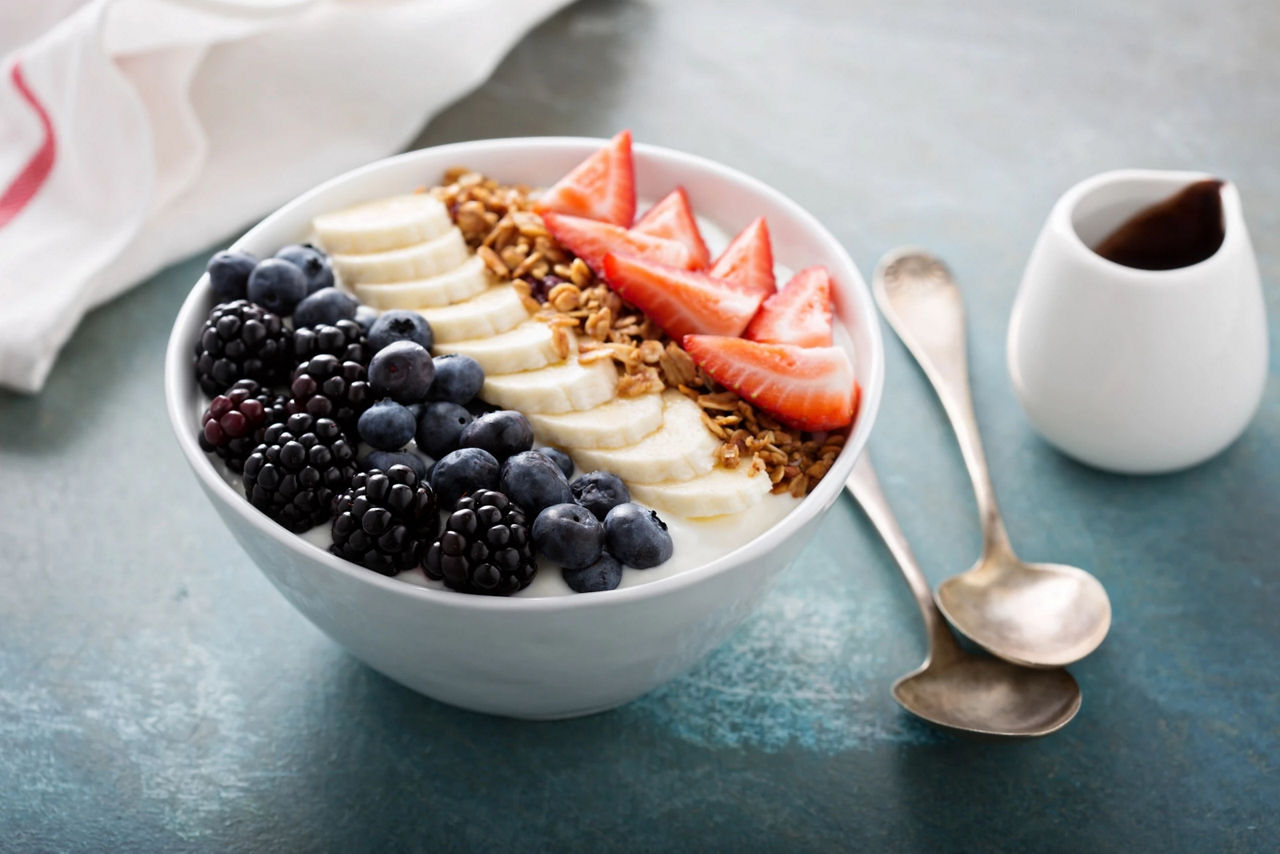 fruit in a bowl with milk