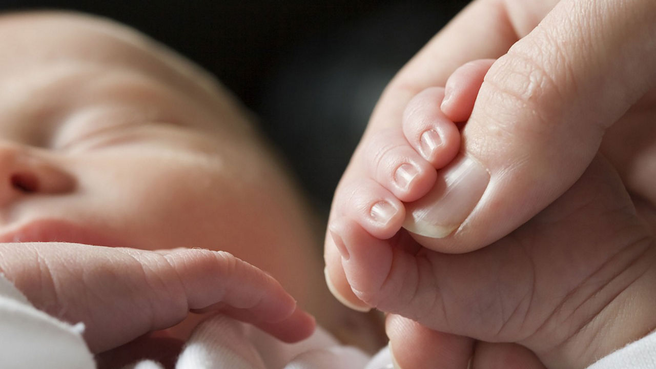 Bebé sujetando la mano de su madre
