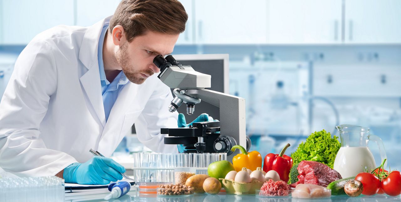 homme regardant au microscope les aliments