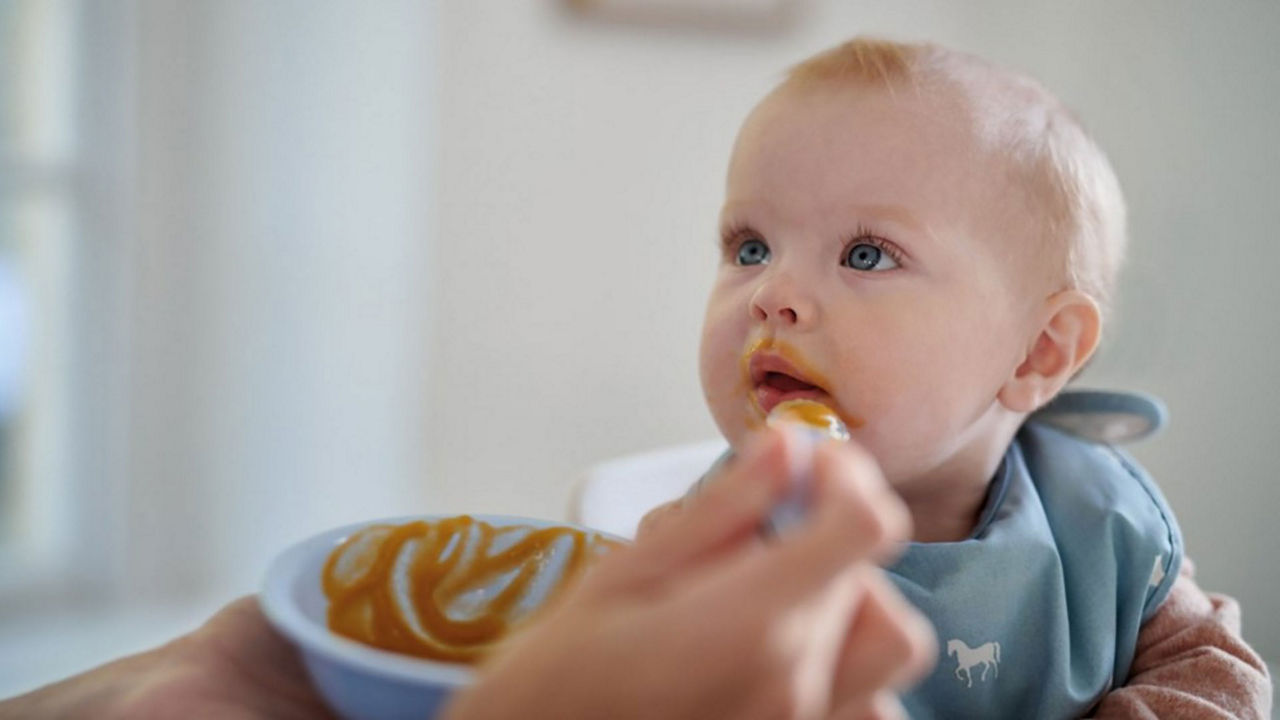 Bebé con babero azul comiendo papilla con cuchara, representando la siguiente etapa del destete y la introducción de nuevas texturas en la alimentación