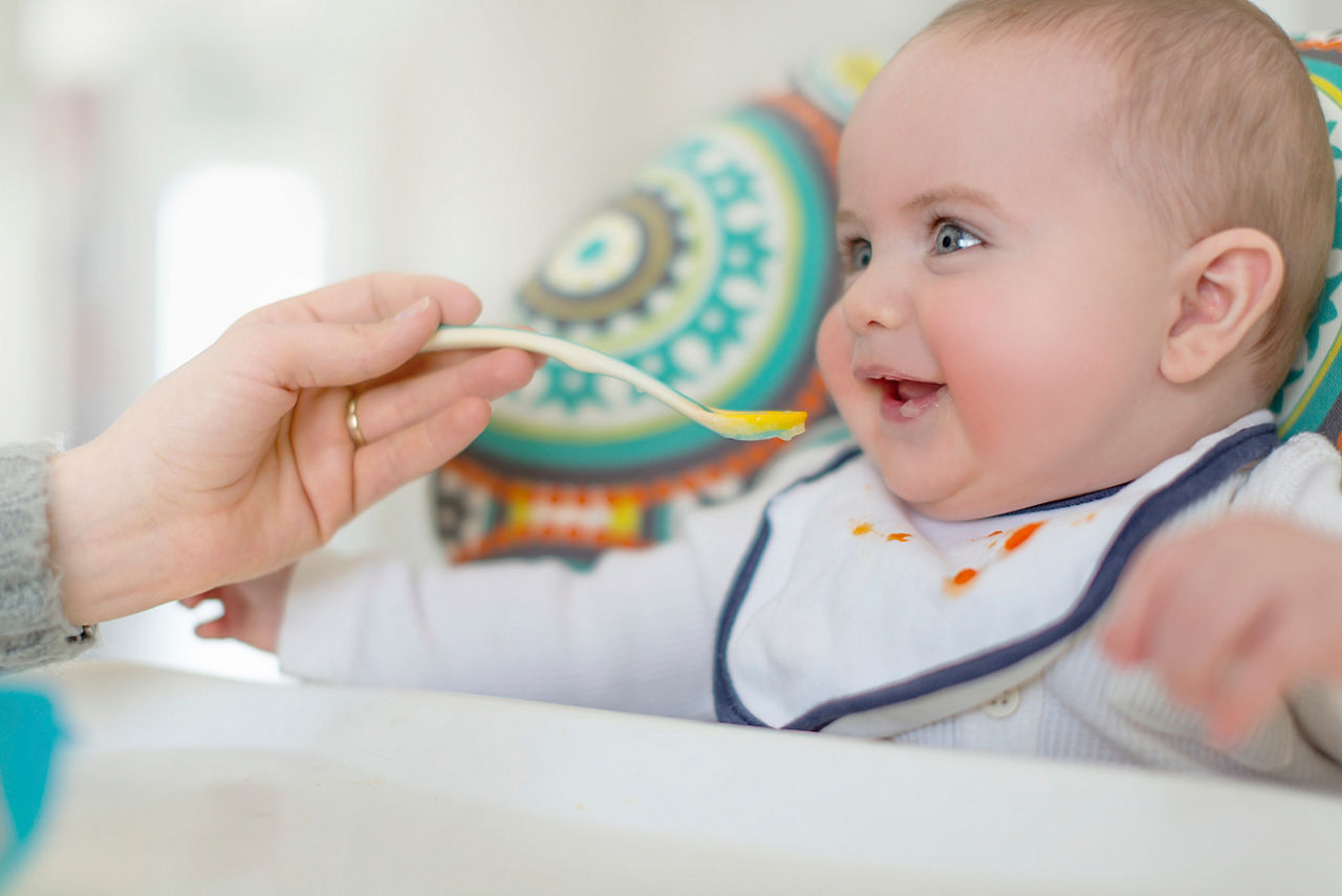 Mother feeding an adorable toddler healthy baby food