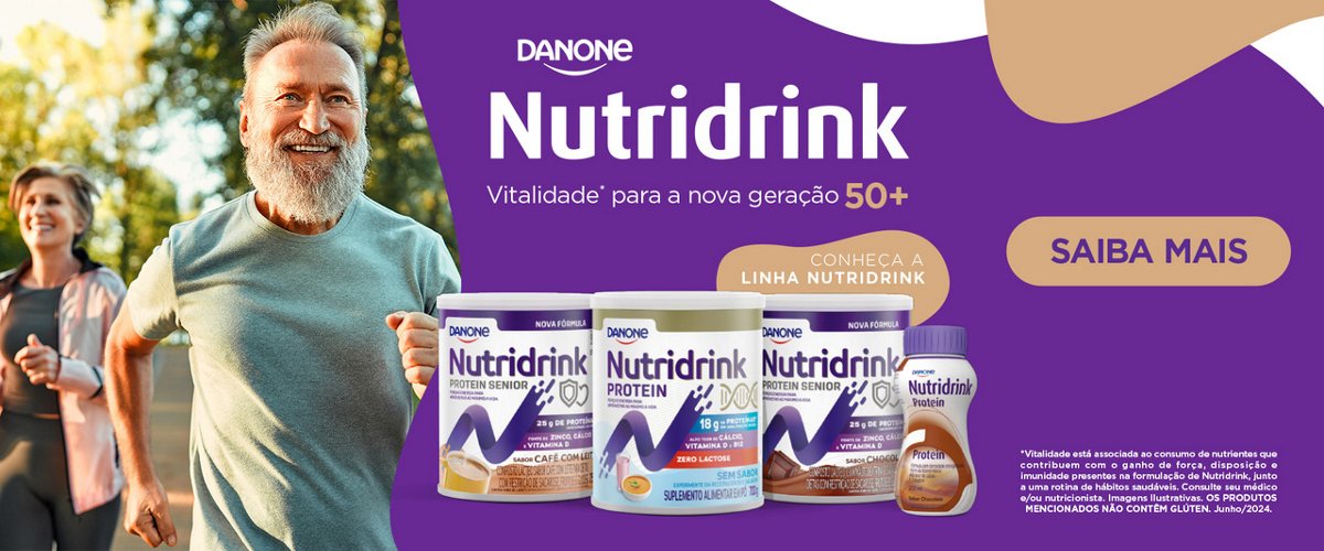 banner de Nutridrink sobre a vitalidade da nossa geração 50+, com as imagens dos produtos de Nutridrink e botão saiba mais.