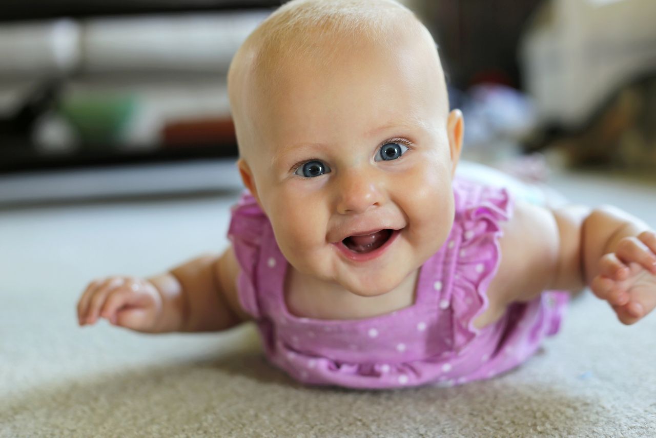 A happy 6 month old baby girl is laying on her tummy at home smiling and trying to crawl.