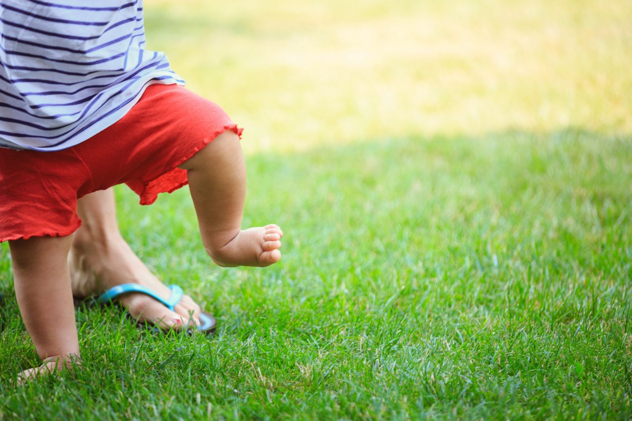 Baby's first steps on the grass. 