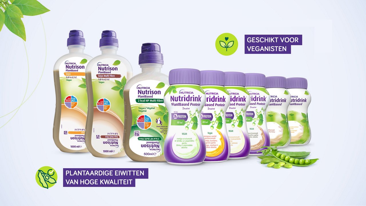 Danone Nutricia biedt plantaardige Nutrison-dranken en sondevoeding voor veganisten, met erwteneiwit en vezels.
