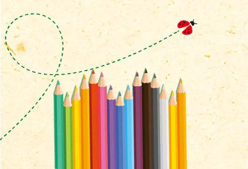 Un arrangement vibrant de crayons de couleur dans une variete de teintes, poses a la verticale sur un fond beige texture. Une ligne pointillee fantaisiste trace la trajectoire de vol d'une coccinelle rouge qui vole au-dessus. La scene evoque la creativite et l'espieglerie avec sa palette lumineuse et son design simple.