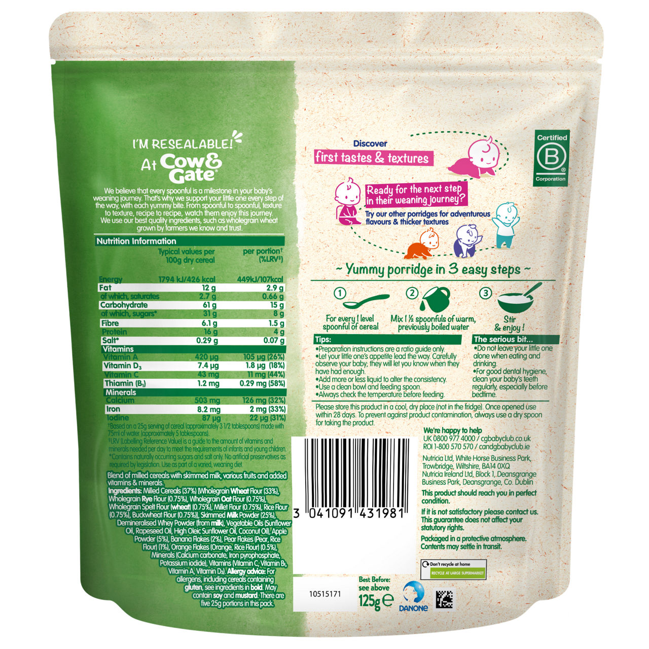 C&G Fruity Wholegrain Porridge 6m - back