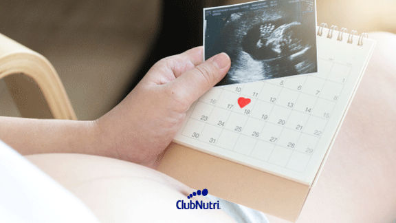 Mujer sostiene una ecografía junto a un calendario de embarazo.