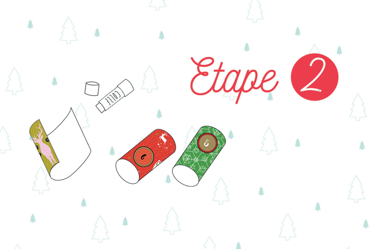 Illustration d'une etape de bricolage de No�l avec des rouleaux de papier decoratif aux motifs festifs. Le decor comprend un fond blanc avec de petites ic�nes d'arbres et le texte � Etape 2 � affiche en rouge. Les motifs comprennent des rennes, des flocons de neige et le chiffre � 6 � visible sur les rouleaux.
