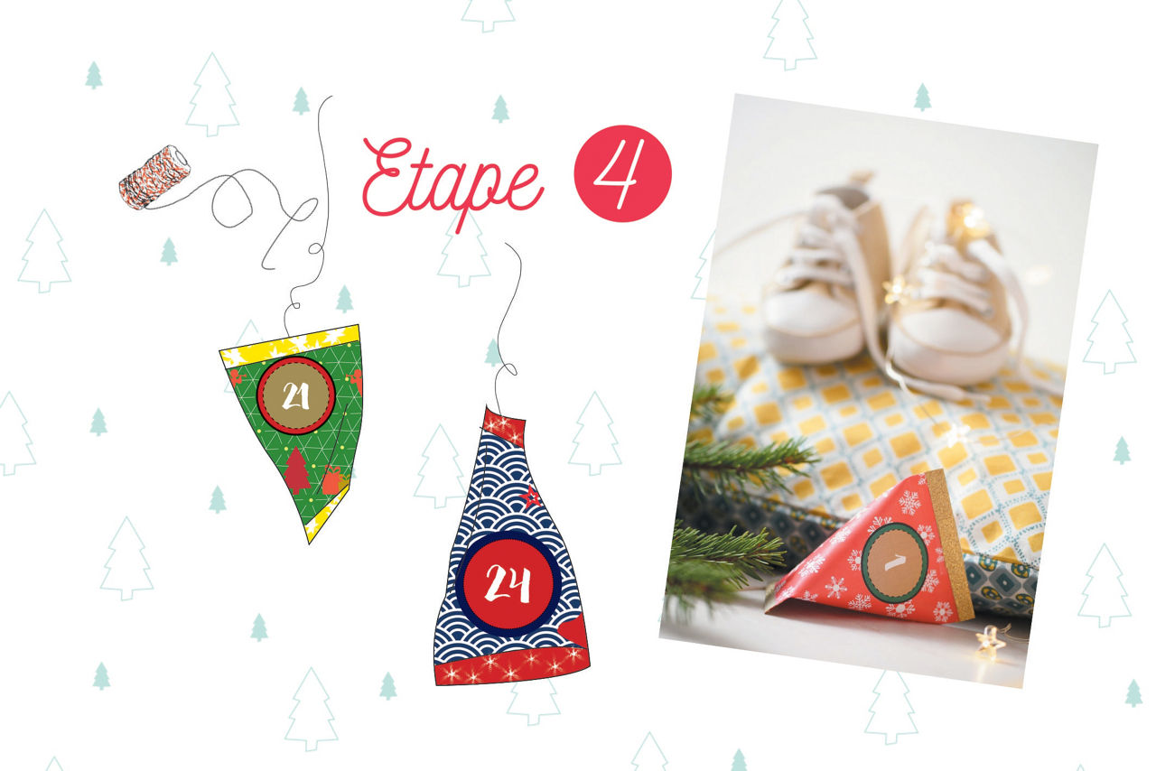 Des pieces colorees en forme de triangle pour un calendrier de l'Avent marquees � 21 � et � 24 � sont presentees a c�te d'une scene chaleureuse mettant en scene des chaussures de bebe sur un tissu a motifs. Le texte � Etape 4 � est bien visible en rouge. L'arriere-plan comprend de subtiles illustrations d'arbres, ajoutant une touche festive.