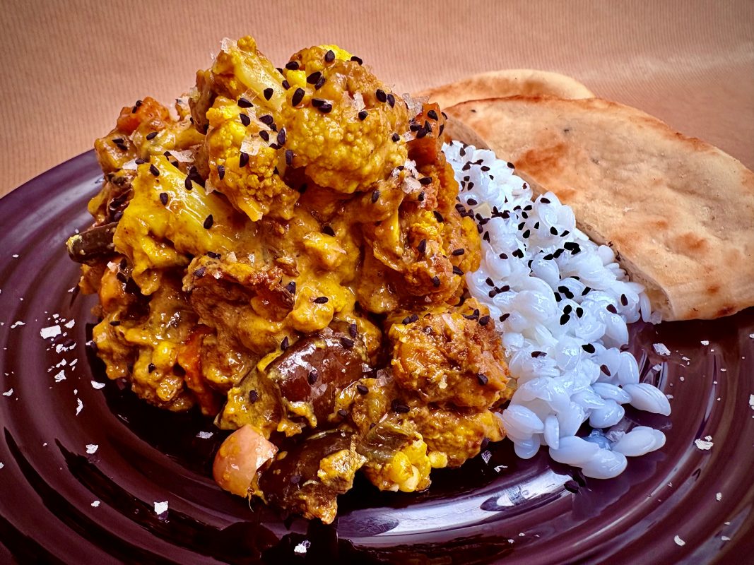 Cauliflower, chickpea, aubergine curry