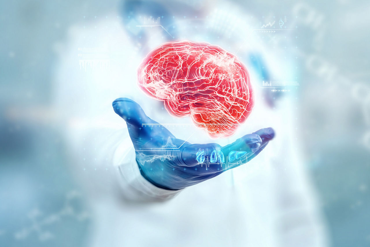 The doctor looks at the brain hologram, checks the test result on the virtual interface, and analyzes the data. Alzheimer's disease, brain dementia, innovative technologies, medicine of the future