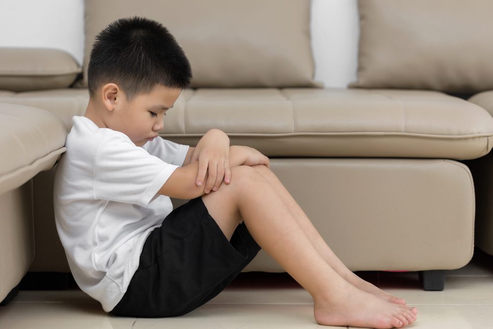 Asian child  sitting alone with sad feeling, Concept for bullying, depression stress or frustration
