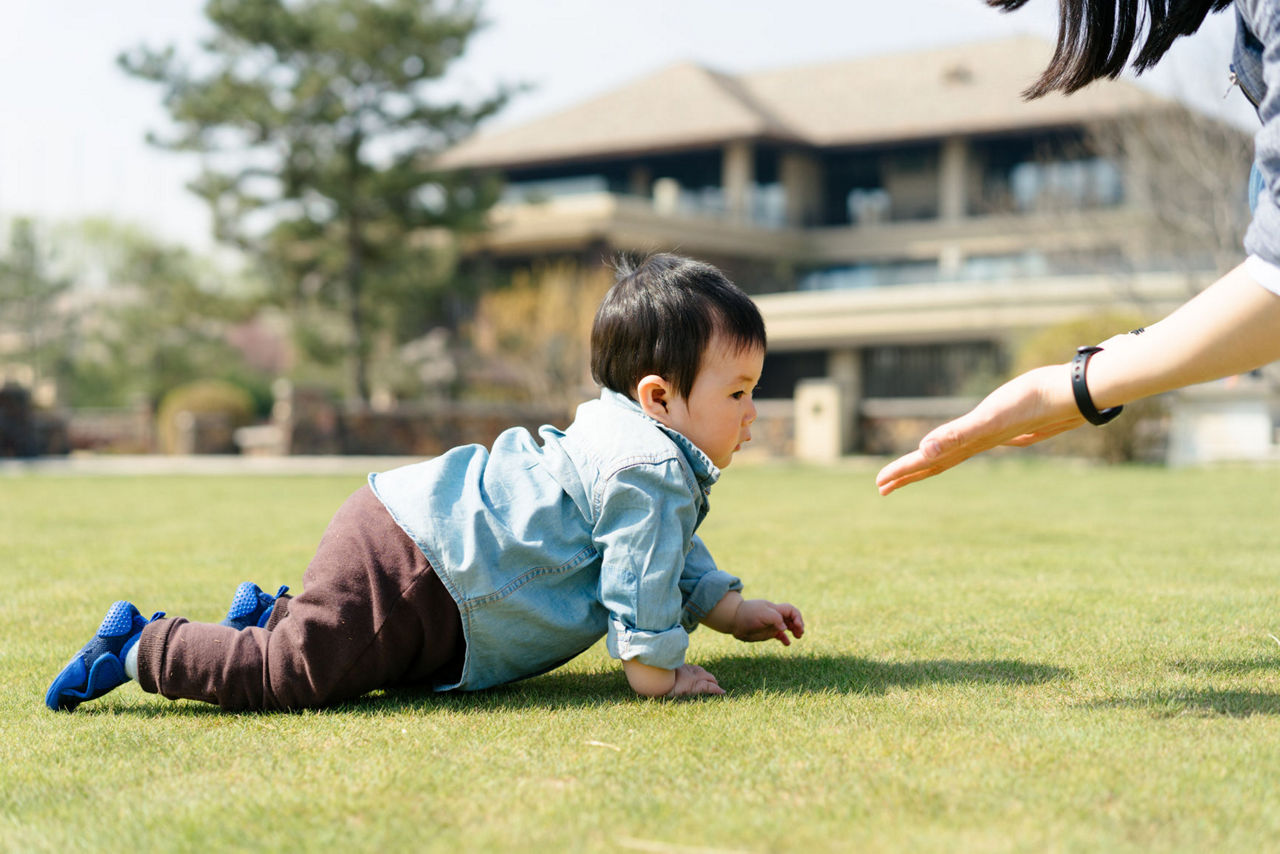 baby boy crawling on grass