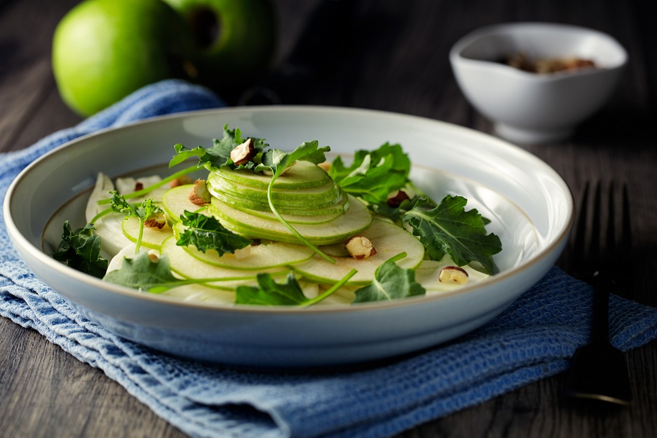 Home made freshness green apple,fennel and baby kale salad with hazelnuts