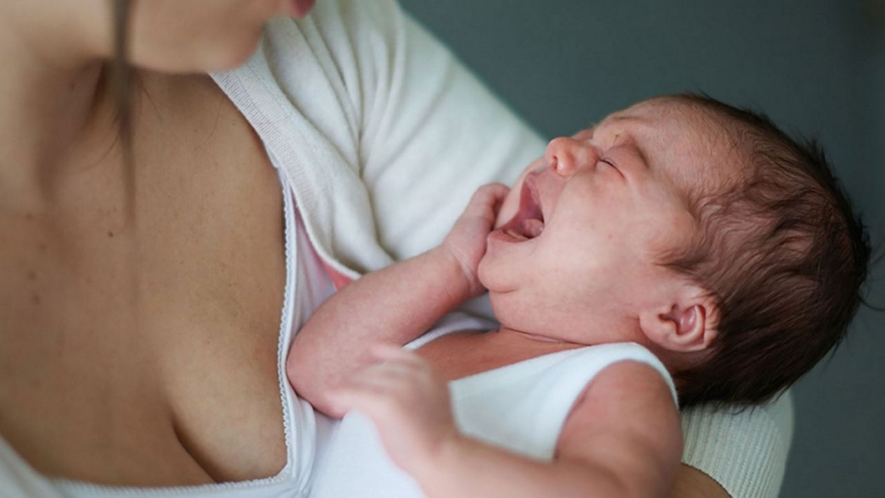 Recién nacido llorando en los brazos de la mamá