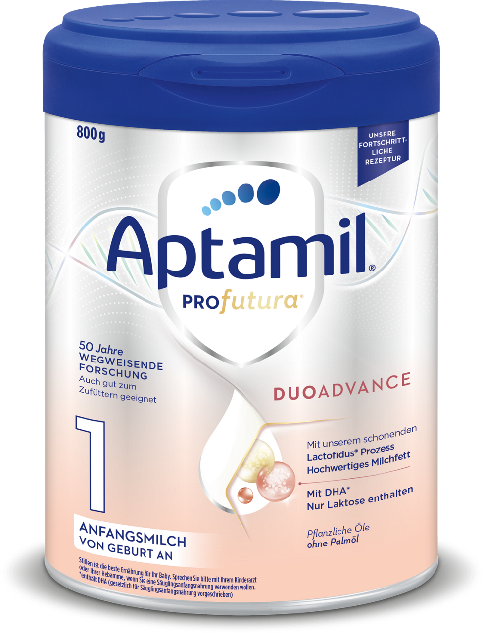 Dose Aptamil Profutura Duoadvance 1 Anfangsmilch mit blauem Deckel, 800g, Text zu Inhaltsstoffen und Forschung vorne.