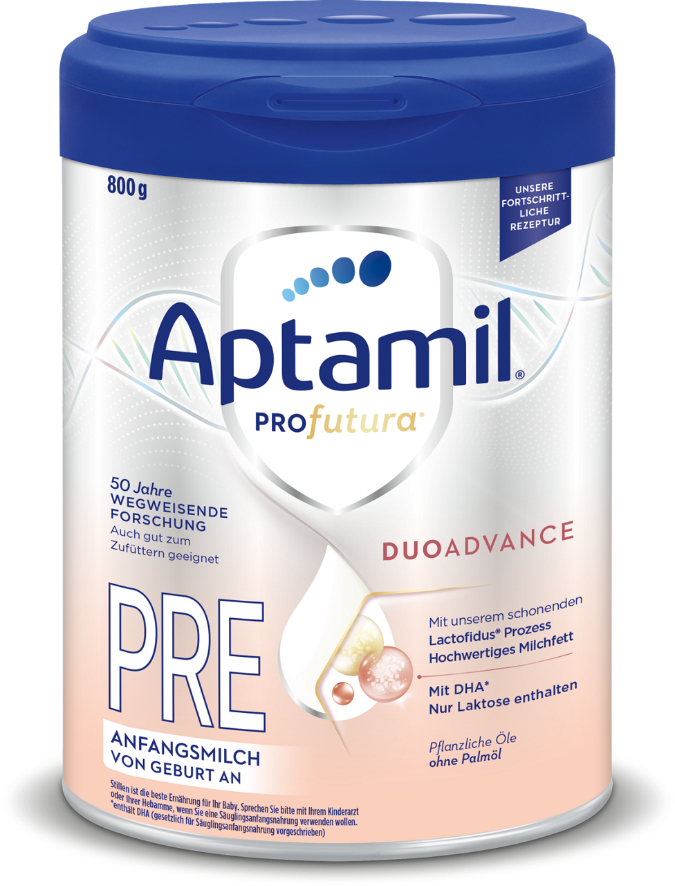 Die Aptamil Profutura Pre Anfangsmilch von Geburt an steht als 800g-Dose mit blauen und weißen Designelementen.
