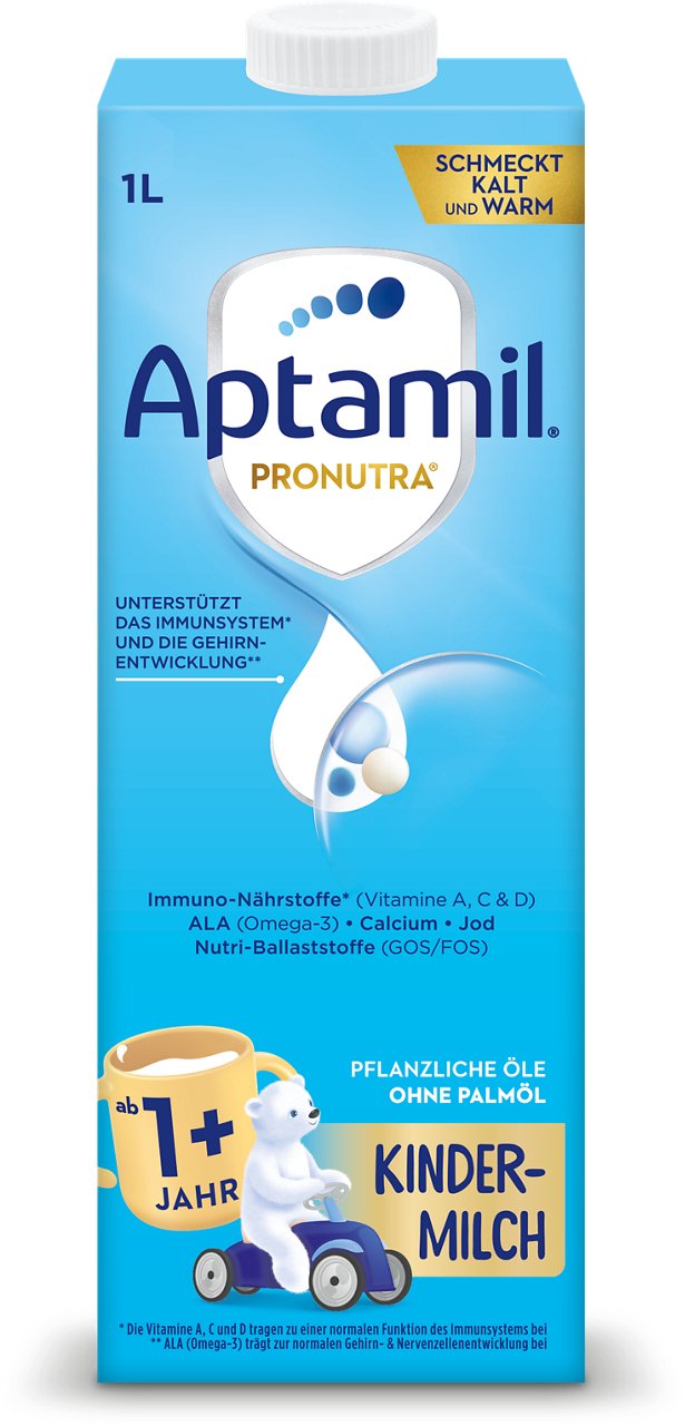 Aptamil Pronutra Kindermilch ab 1 Jahr in 1-Liter-Karton, unterstützt Immunsystem und Gehirnentwicklung, ohne Palmöl.