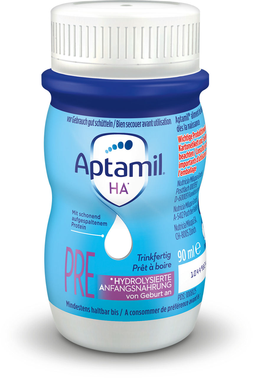 Aptamil HA PRE Fläschchen mit 90 ml hydrolysierter Anfangsnahrung für Säuglinge ab Geburt in blau-weißer Verpackung.