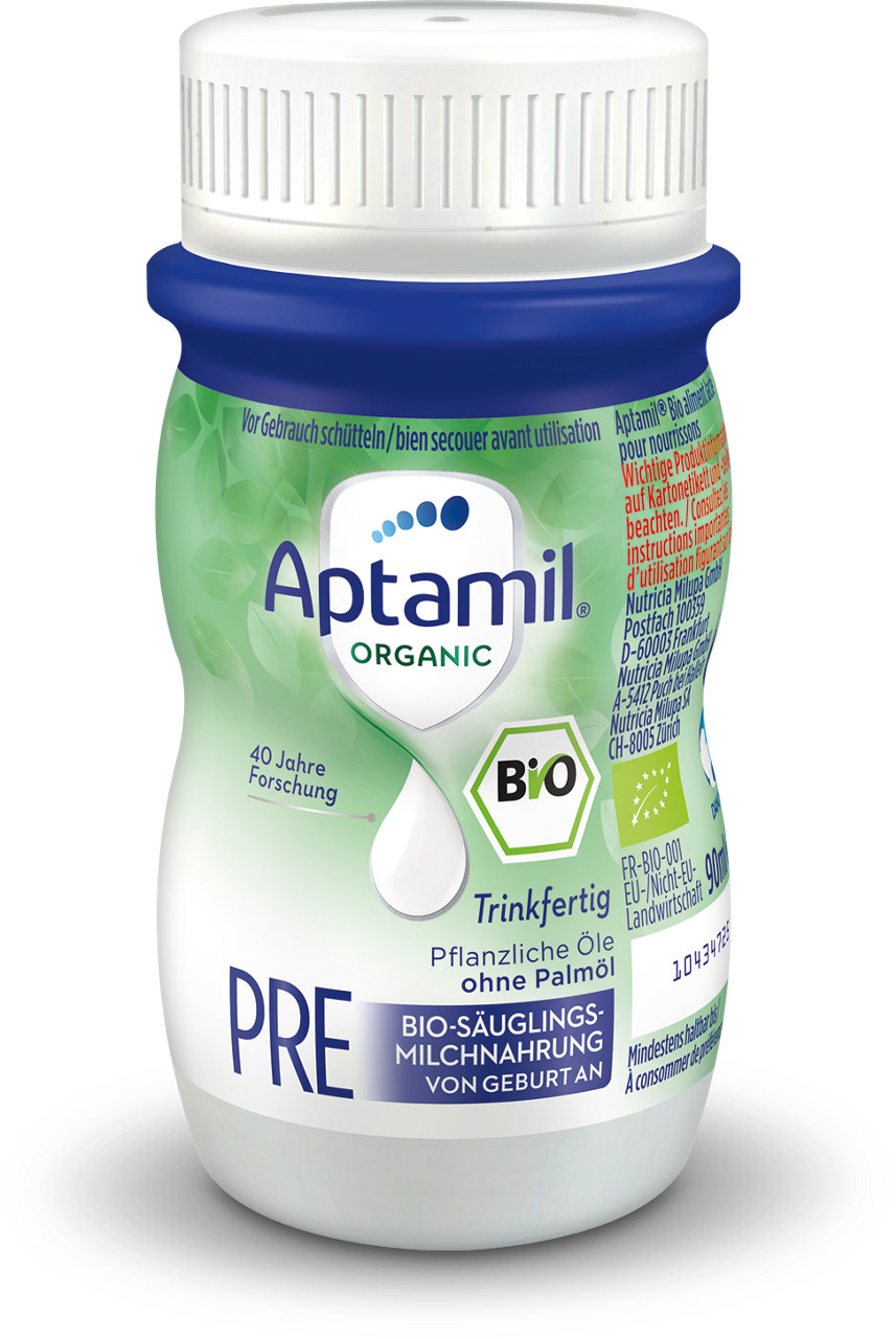 Aptamil Organic PRE Bio-Säuglingsmilchnahrung im Trinkfläschchen, palmölfrei, ab Geburt, 90 ml, mit Bio-Siegel.