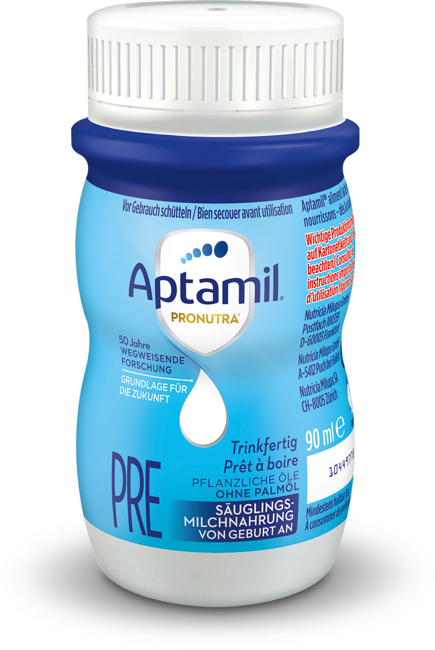 Aptamil Pronutra PRE trinkfertige Säuglingsmilchnahrung ohne Palmöl in 90-ml-Flasche mit blauem Etikett.