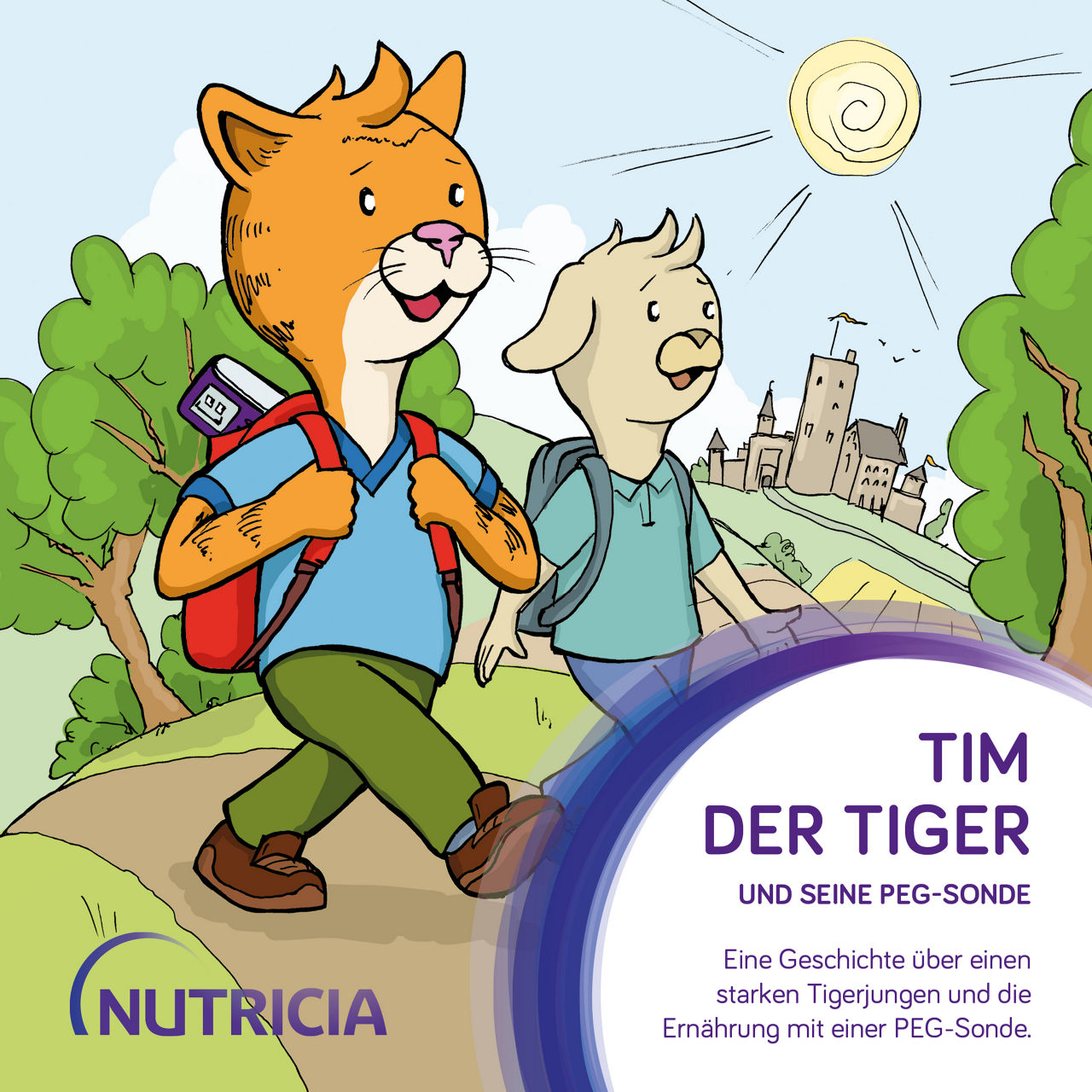 Ein Tigerjunge mit Rucksack und PEG-Sonde läuft mit einem Hundekind vor einer Burg durch eine grüne Landschaft.