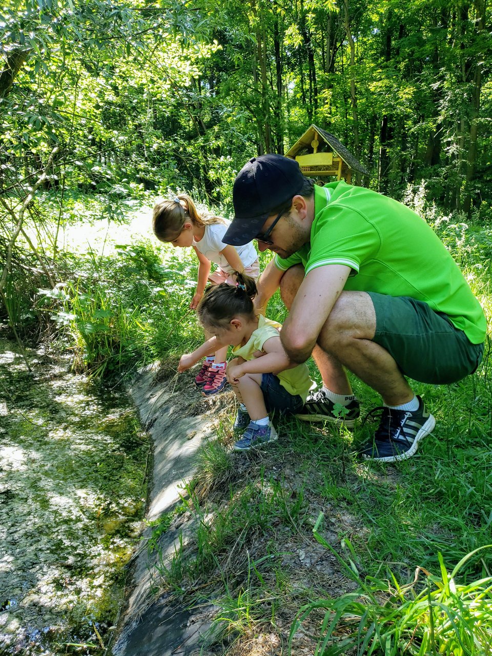 Papa mit seinen zwei Kleinkindern in der Natur
