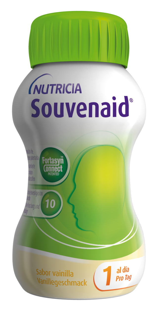 Eine Nutricia Souvenaid Flasche mit grünem Deckel und Vanillegeschmack, empfohlen einmal täglich einzunehmen.