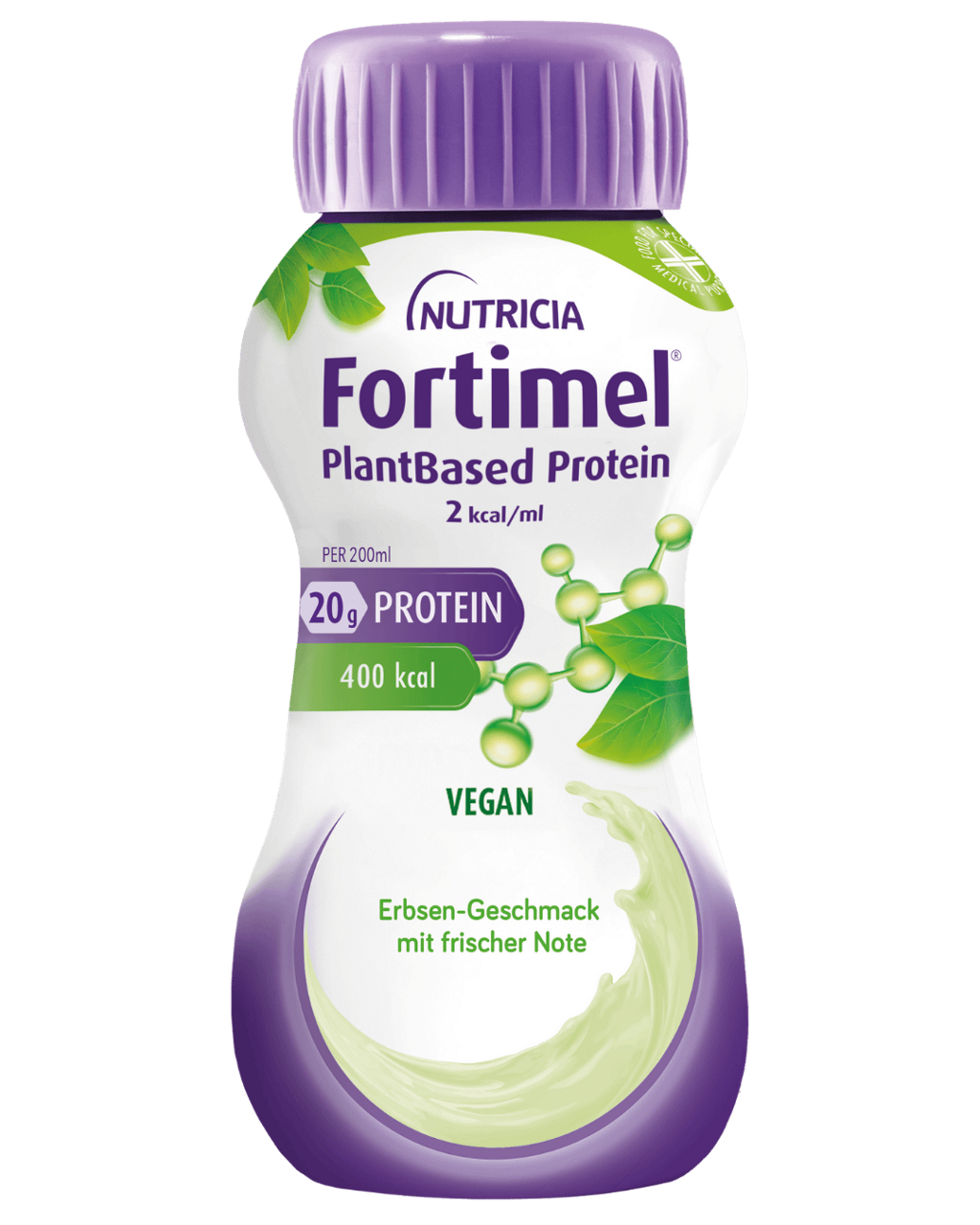 Flasche Nutricia Fortimel PlantBased Protein mit 20g Protein, 400 kcal, vegan und Erbsen-Geschmack, violett-grünes Design.