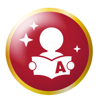Circular red badge icon features a simplified person holding an open book with a large letter A on the cover. The badge is bordered by a gold rim and set against a transparent checkerboard background. Two white sparkles appear to the left of the character, adding a sense of achievement or excellence. The overall design suggests reading, learning, or academic success.