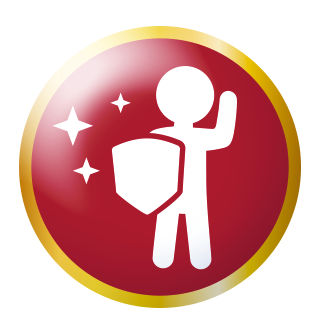 Circular red badge icon with a gold border features a simplified white human figure holding a shield. Three white sparkles appear beside the character, suggesting safety, protection, or cleanliness. The transparent checkerboard background indicates this is a digital graphic asset intended for overlay use. The overall style is flat, minimal, and modern.