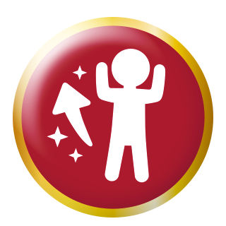 A white stick figure with raised arms is centered on a red circular icon bordered in gold. A bold white arrow points toward the figure, accompanied by three sparkling star shapes. The design appears on a transparent checkerboard background, suggesting a digital graphic asset. The overall style is simple, flat, and playful, conveying success or achievement.