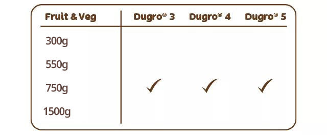 The image shows a simple comparison chart for fruit and vegetable intake alongside different Dugro® product stages. A left column lists quantities of 300g, 550g, 750g, and 1500g, while the top row labels Dugro® 3, Dugro® 4, and Dugro® 5. Check marks appear under Dugro® 4 and Dugro® 5 for certain intake levels. The design uses a clean brown outline and text on a white background for clarity.