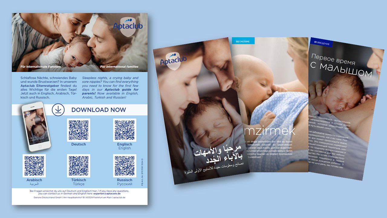Mehrsprachige Broschüren und QR-Codes von Aptaclub informieren Eltern über Babypflege in fünf Sprachen.