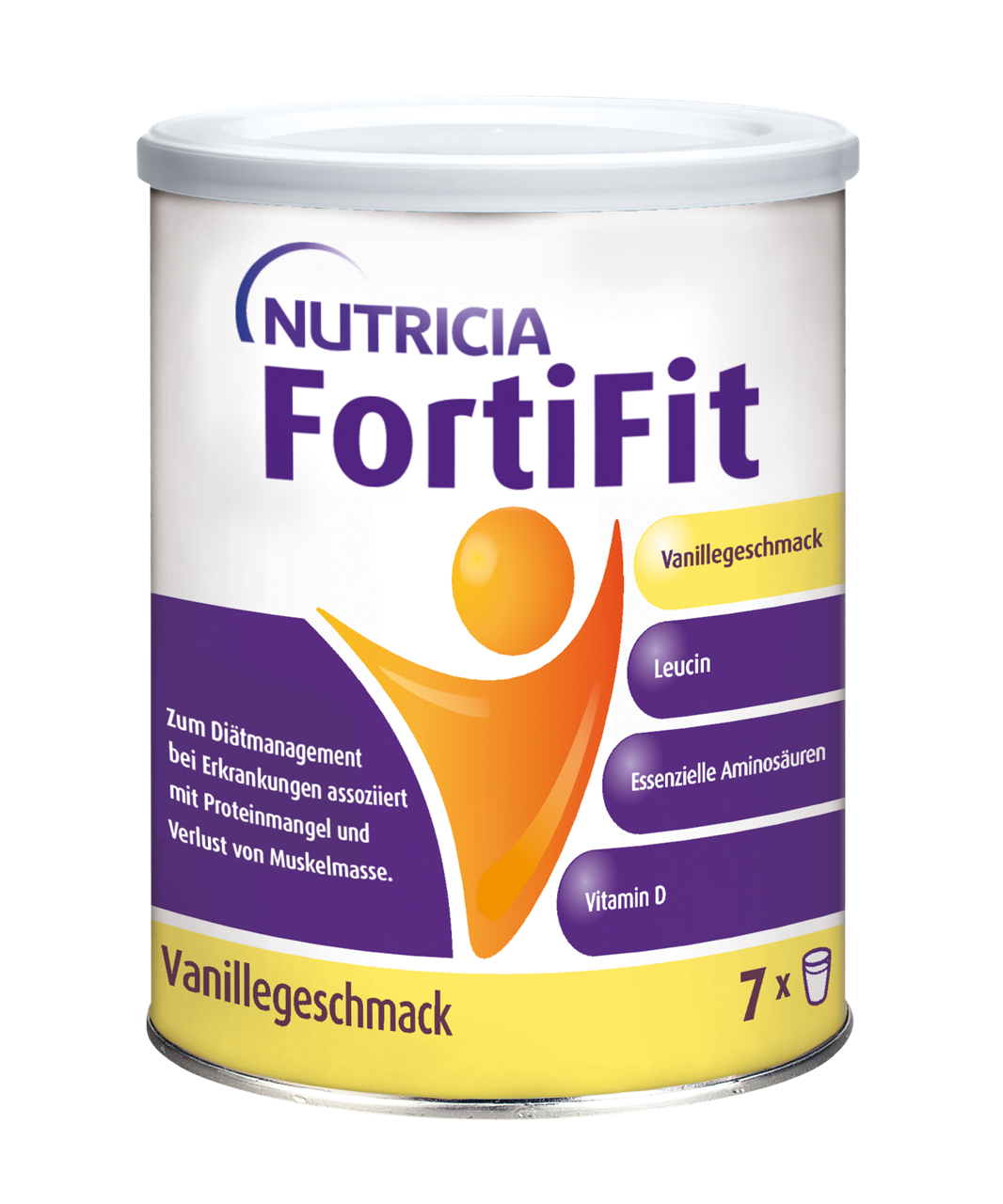 Dose Nutricia FortiFit Vanillegeschmack mit Hinweisen zu Protein, Leucin, essenziellen Aminosäuren und Vitamin D.