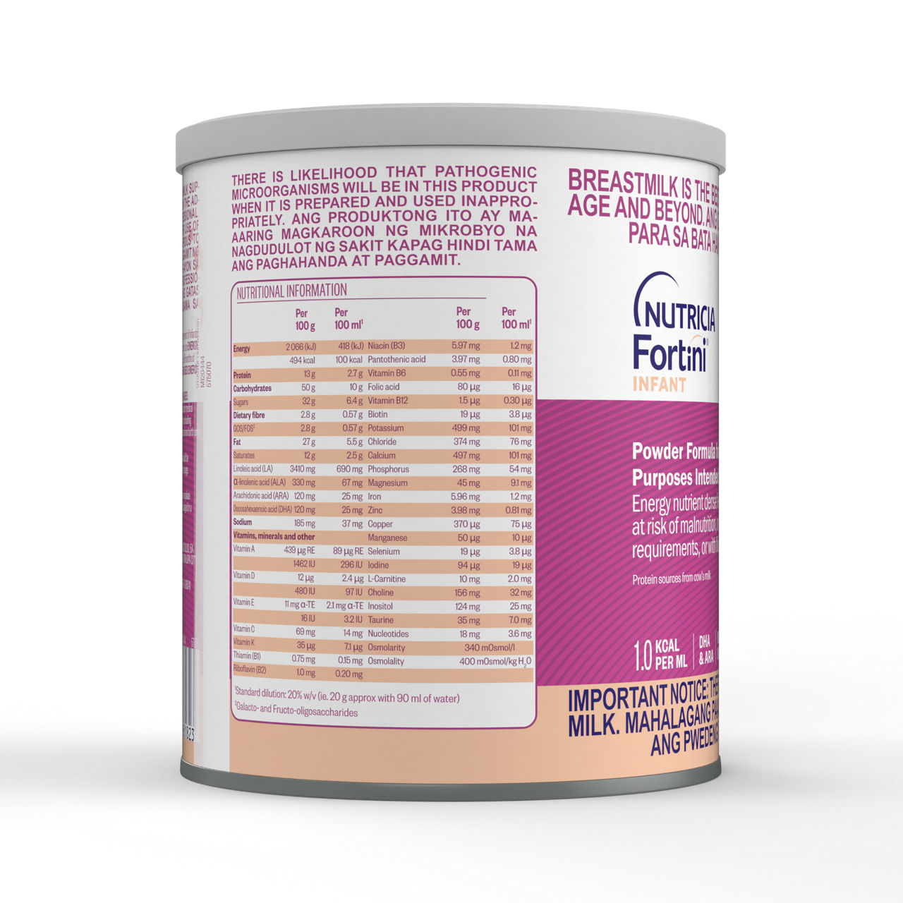 Side view of Fortini Infant Formula Energy Nutrient Dense Feed powder for infants up to 18 months in a 400 gram tin with nutritional information