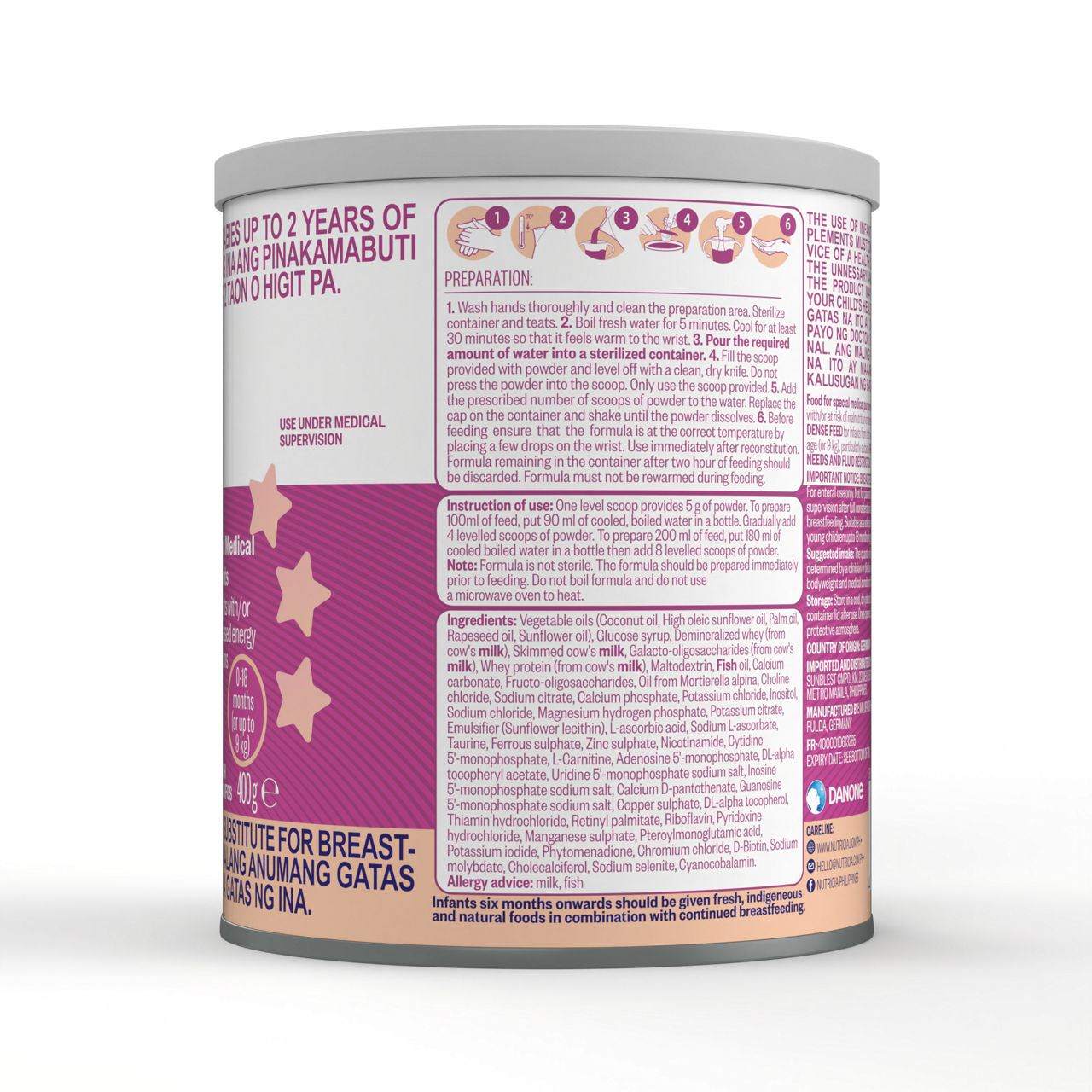 Side view of Fortini Infant Formula Energy Nutrient Dense Feed powder for infants up to 18 months in a 400 gram tin with ingredients and preparation instructions
