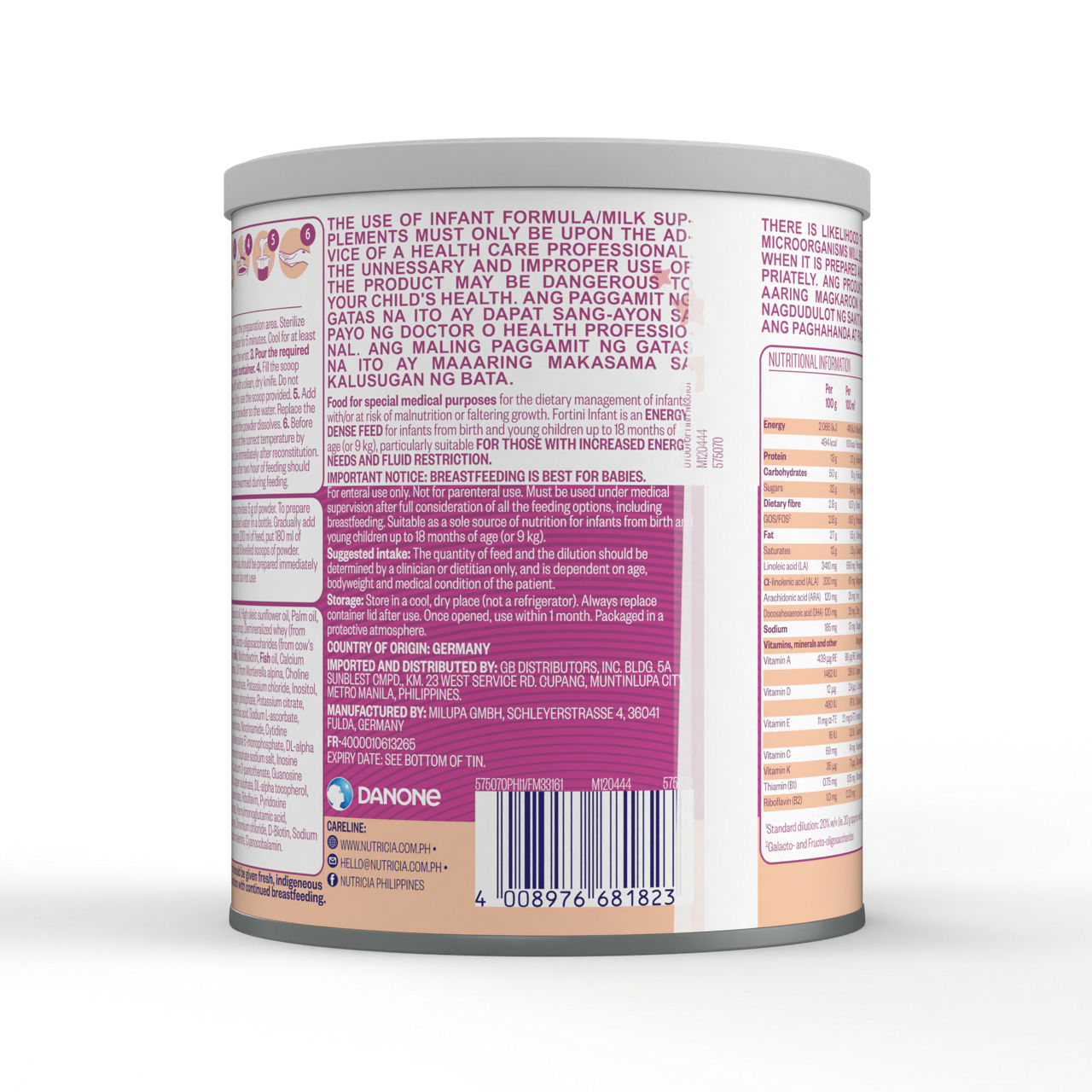 Side view of Fortini Infant Formula Energy Nutrient Dense Feed powder for infants up to 18 months in a 400 gram tin with manufacturer details