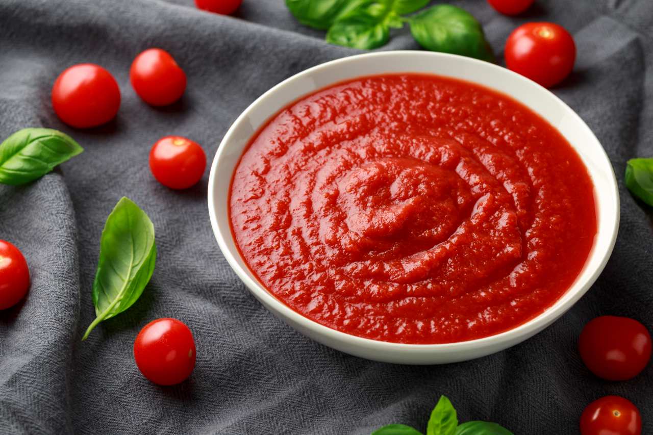 A bowl of vibrant red tomato sauce is placed on a textured gray surface, surrounded by fresh cherry tomatoes and basil leaves. The sauce has a smooth texture with visible swirls, emphasizing its homemade quality. The setting evokes a rustic and fresh culinary atmosphere.