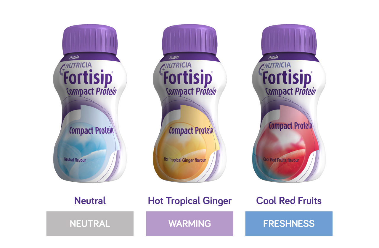 Three Fortisip bottles in various flavours: neutral, hot tropical ginger and cool red fruits