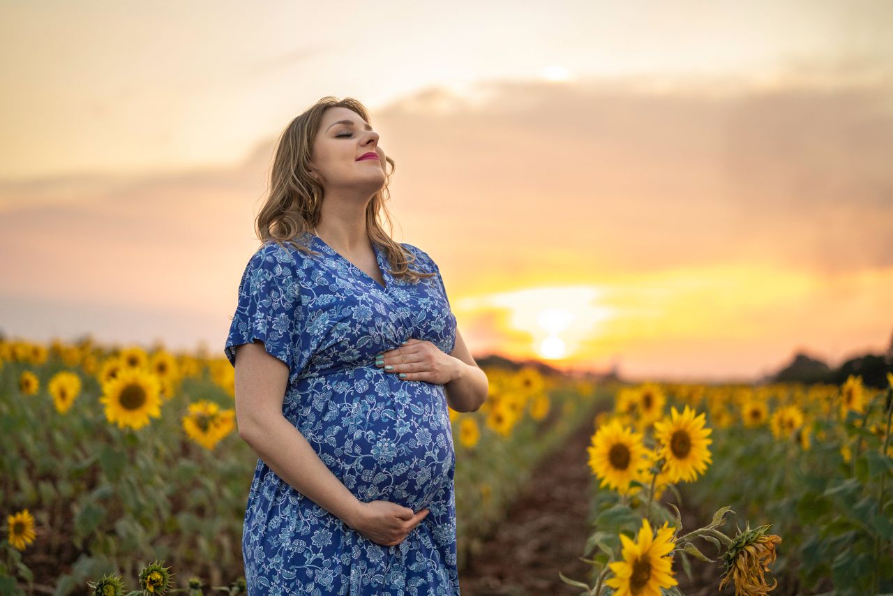 Portrait of a pregnant woman enjoying the sunflower field before arriving the new baby