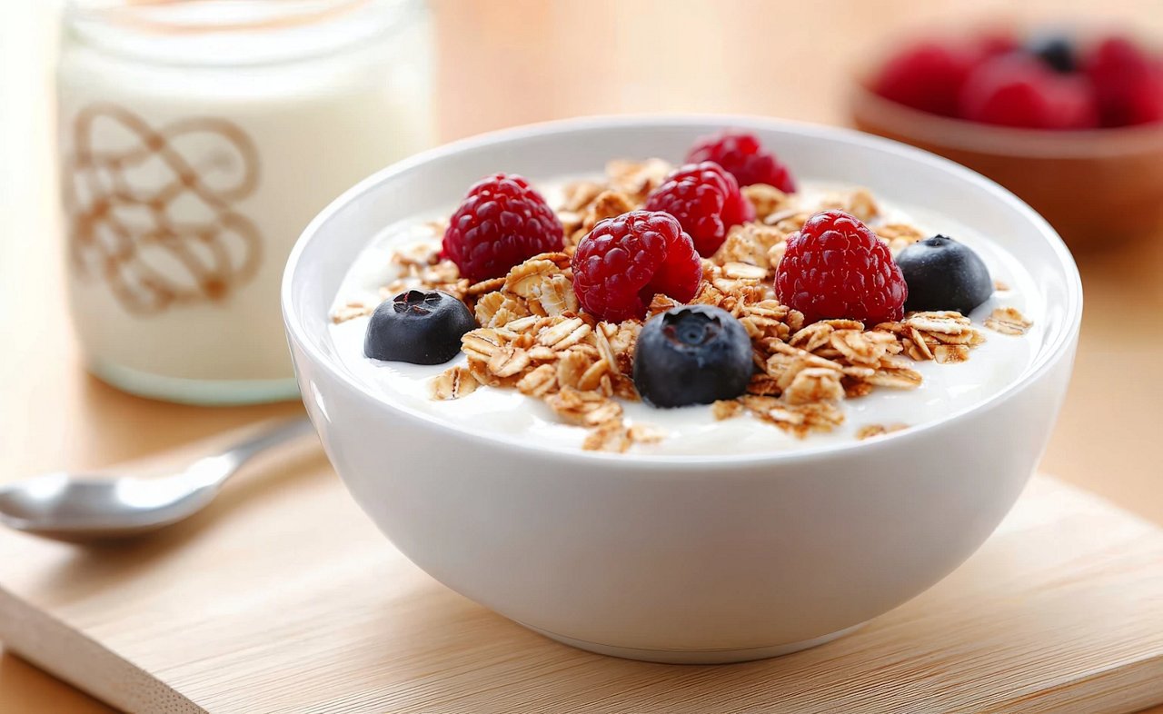 bowl of yoghurt with fruit and cereal