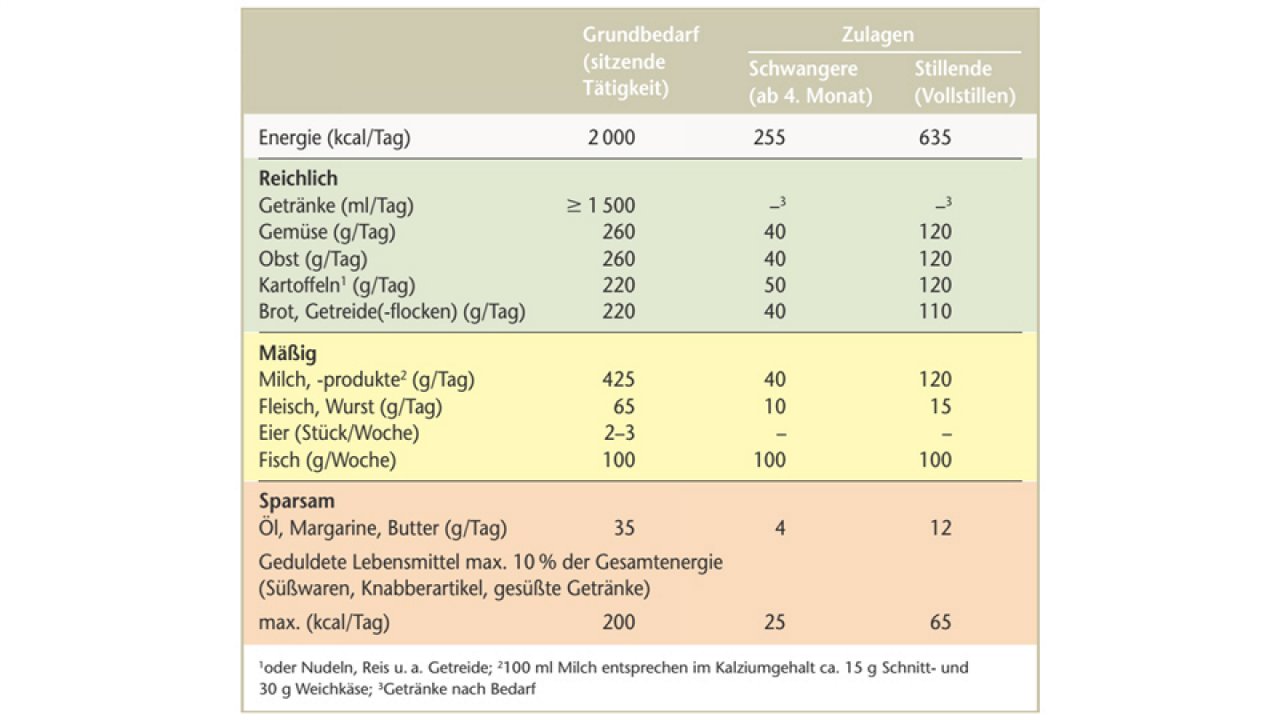 Tabelle zeigt Lebensmittelmengen und Energiebedarf pro Tag für Schwangere, Stillende und Personen mit sitzender Tätigkeit.