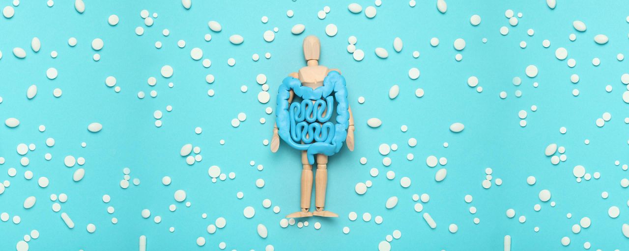 Wooden artist’s mannequin standing upright against a light-blue background, with human intestines