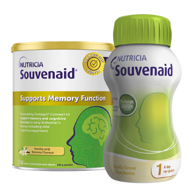 Bottle of Souvenaid liquid and Souvenaid powder tin 