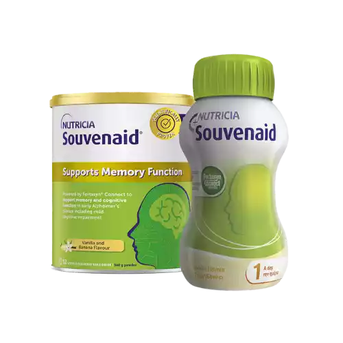 Bottle of Souvenaid liquid and Souvenaid powder tin 