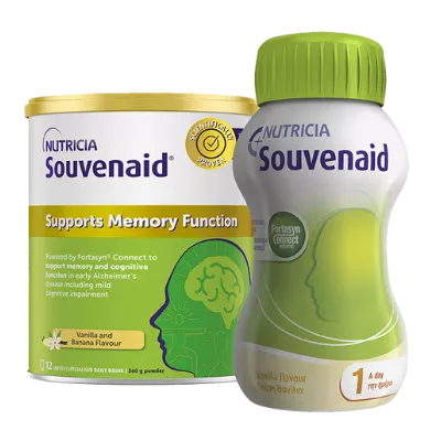 Bottle of Souvenaid liquid and Souvenaid powder tin 