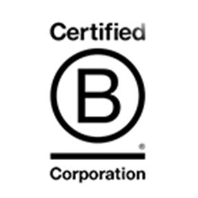 Black and white Certified B Corporation emblem featuring a bold letter B inside a circle. The word Certified appears above the circle, with Corporation written below. The design is minimal and clean, using simple typography and geometric shapes. This mark is commonly associated with socially and environmentally responsible businesses.